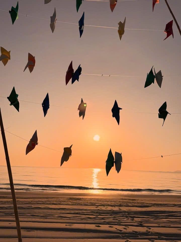 Paper pinwheels on a string, the sun rising over the sea behind them